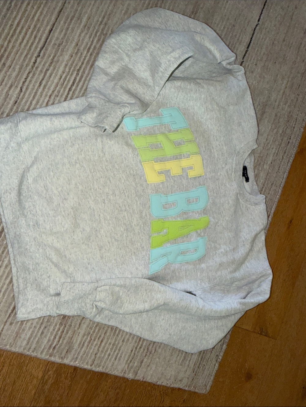 The Bar Light Grey Sweatshirt with Pastel Yellow, Mint & Aqua Letters